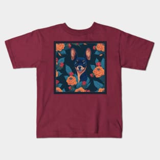 Dogs, Toy Terrier and flowers, dog, style vector (red flowers Toy Terrier 2 version) Kids T-Shirt